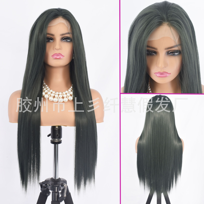 European and American Wig Export New Product Front Lace Chemical Fiber Headgear Big Hand Hook Olive Green Long Straight Hair Manufacturer Wholesale