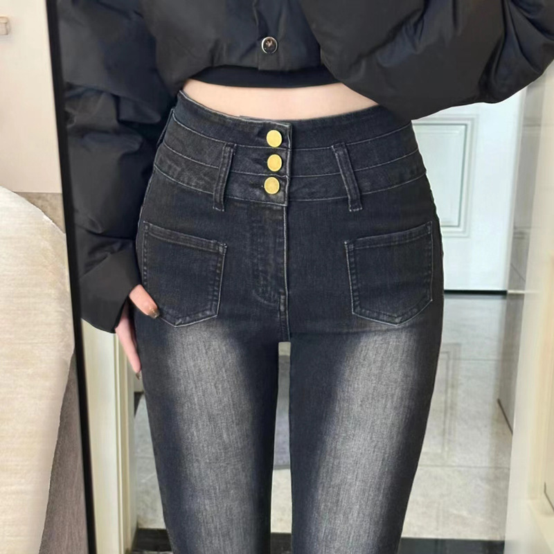 Denim Trousers Women's Stretch Slim-fit Black Grey Niche Belly-breasted Super High Waist Straight Horseshoe Trousers