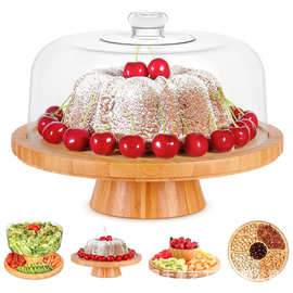 竹制蛋糕托盘带透明亚克力罩圆顶盖蛋糕点心高脚果盘木制甜品盘