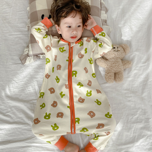 Children's one-piece sleepwear 100% cotton boneless for boys and girls, long sleeve home wear baby sleeping bag kick-proof blanket suitable for all four seasons