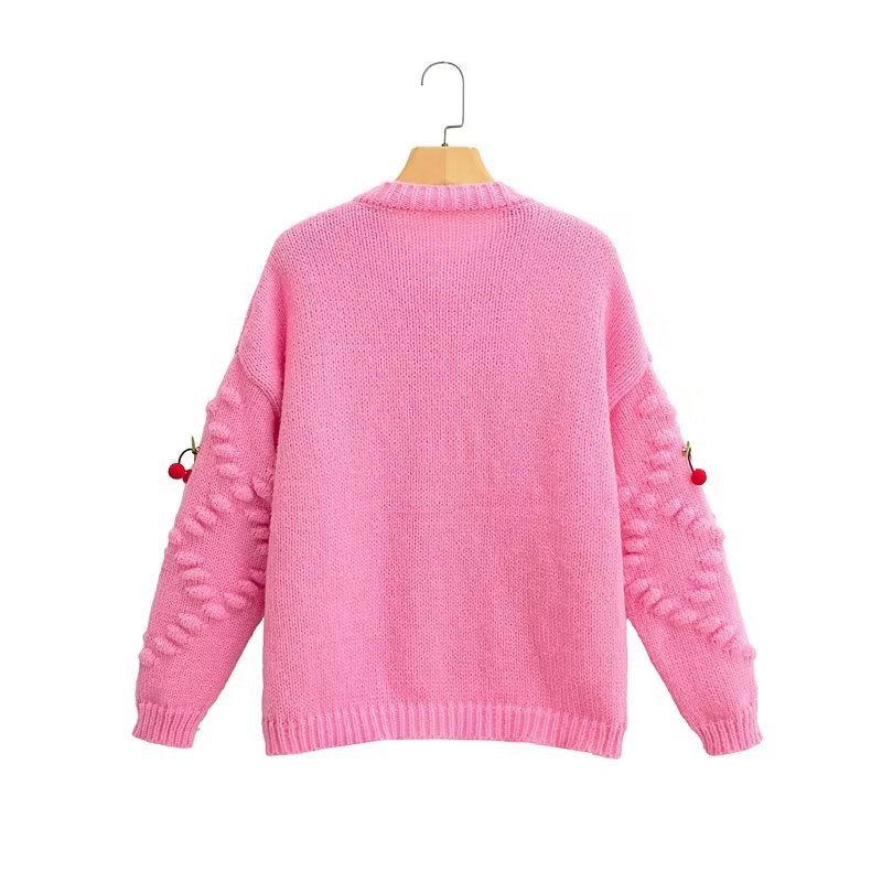 long sleeve cherry embroidery knitted loose round neck cardigan NSAM136077