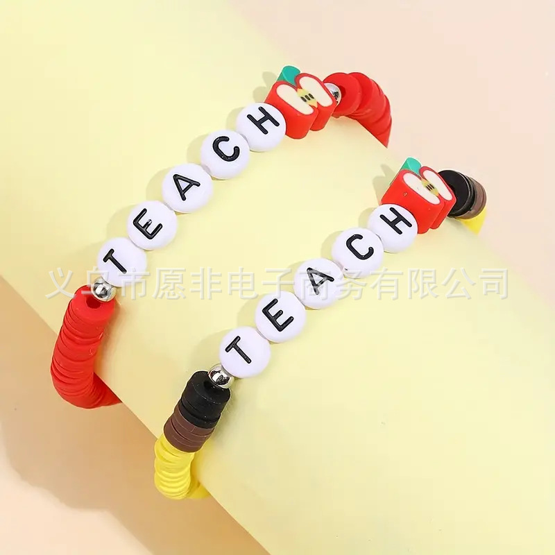 Lovely Colorful Apple Soft Pottery Clay Beads Back to School Elastic Bracelet for Girls Perfect Back to School Gift