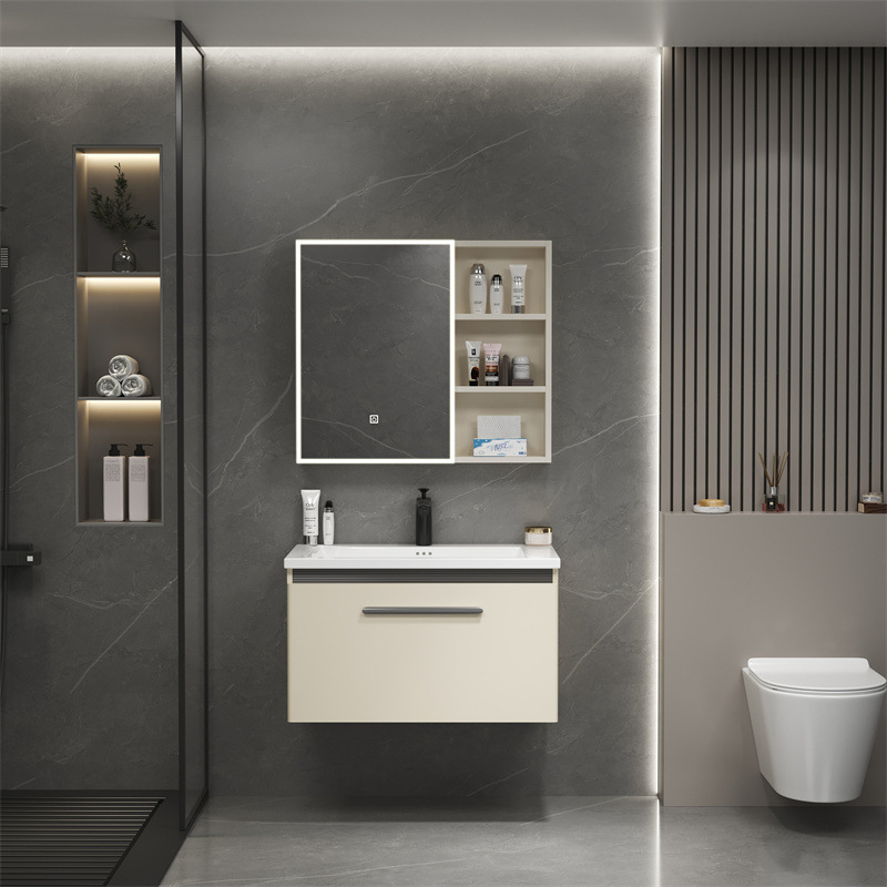 Moderno simple estilo crema de acero inoxidable inteligente espejo de maquillaje gabinete de cerámica integrado lavabo de baño gabinete de lavado de baño