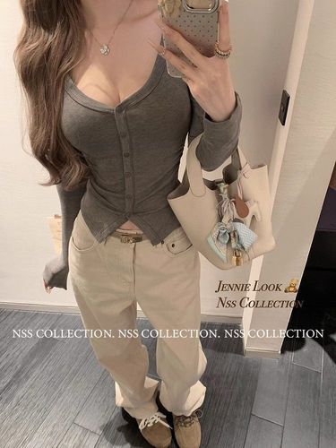 260g Cotton Modal V-neck Revealing Lock Bone Long-sleeve Collar Button Fitted Basic Top for Layering