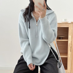 翻领半拉链慵懒风针织毛衣外套女2025秋冬新款韩系纯色针织衫毛衣