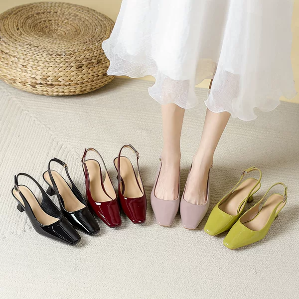 Square Toe Hollow Back Flats 2025 New Style French Toe Sandals for Women Summer Patent Leather One-Strap High Heels Stiletto Heels