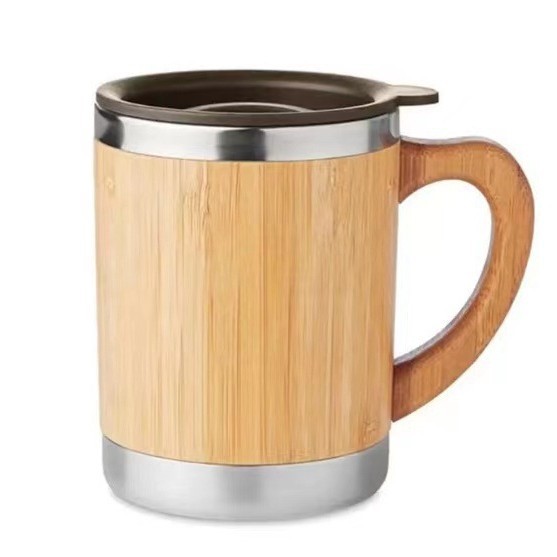 Transfronterizo nuevo taza de oficina de bambú con mango de alta capacidad de doble vacío 304 taza de aislamiento de acero inoxidable al por mayor