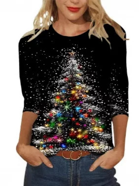 2024 Christmas Amazon AliExpress European and American New Women's Crewneck Seven-point Sleeve Loose Printed T-Shirt Women