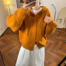 南瓜橘色韩系复古连帽毛衣外套女秋冬宽松慵懒高级感粗线针织开衫