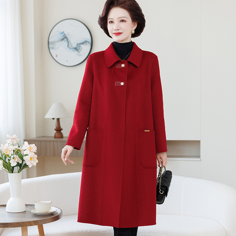 2025秋冬新款双面绵羊毛大衣显瘦气质百搭红色长款外套POLO领开衫，女装毛呢外套，妃慕昵服饰