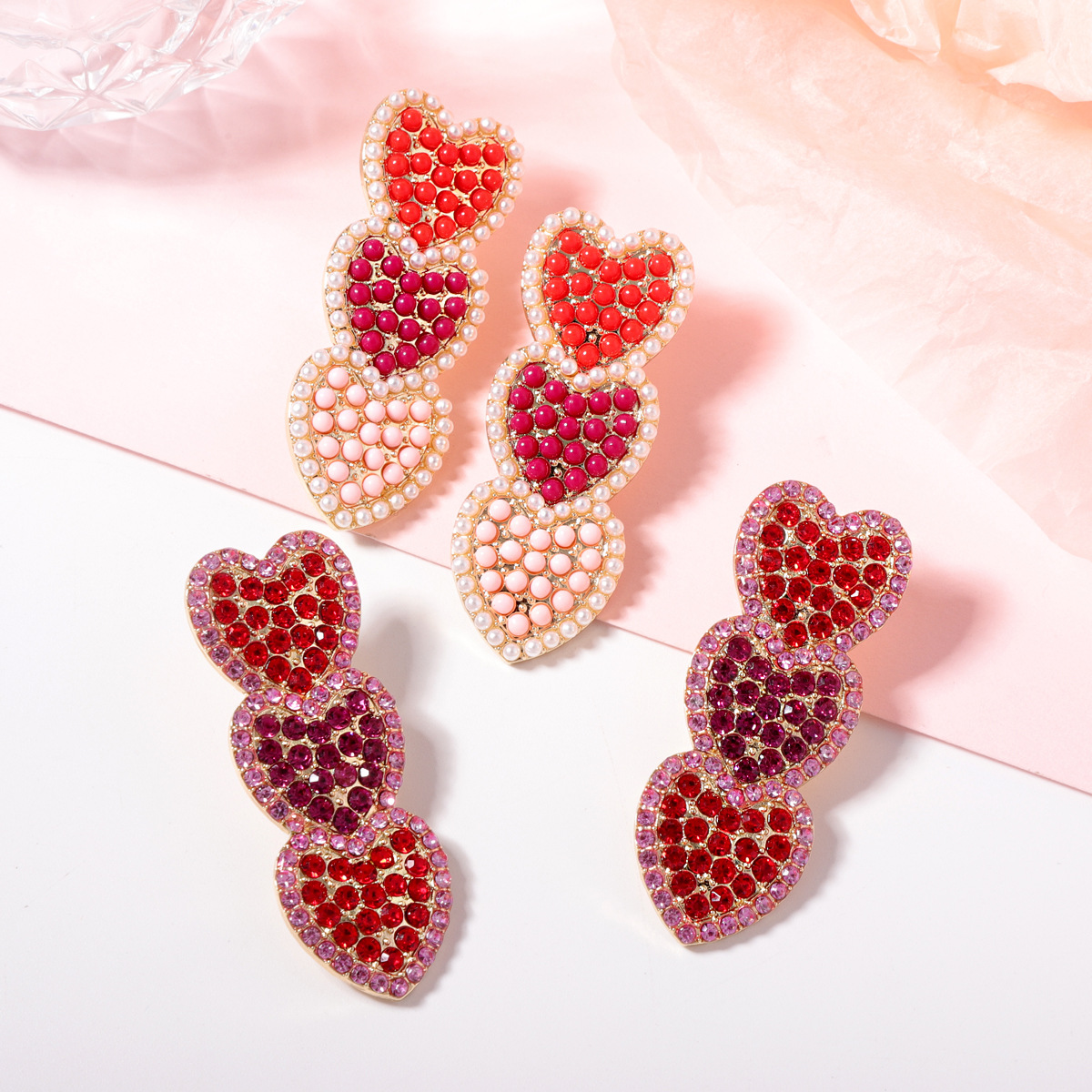 Heart Shape Pattern 1 Pair Lady Heart Shape Zinc Alloy Rhinestones Seed Bead Ear Studs