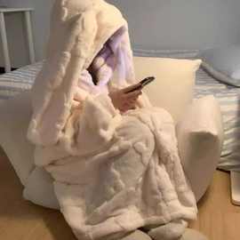 可爱兔子连帽珊瑚绒睡袍女秋冬季长袍2025新款加绒睡衣家居服套装