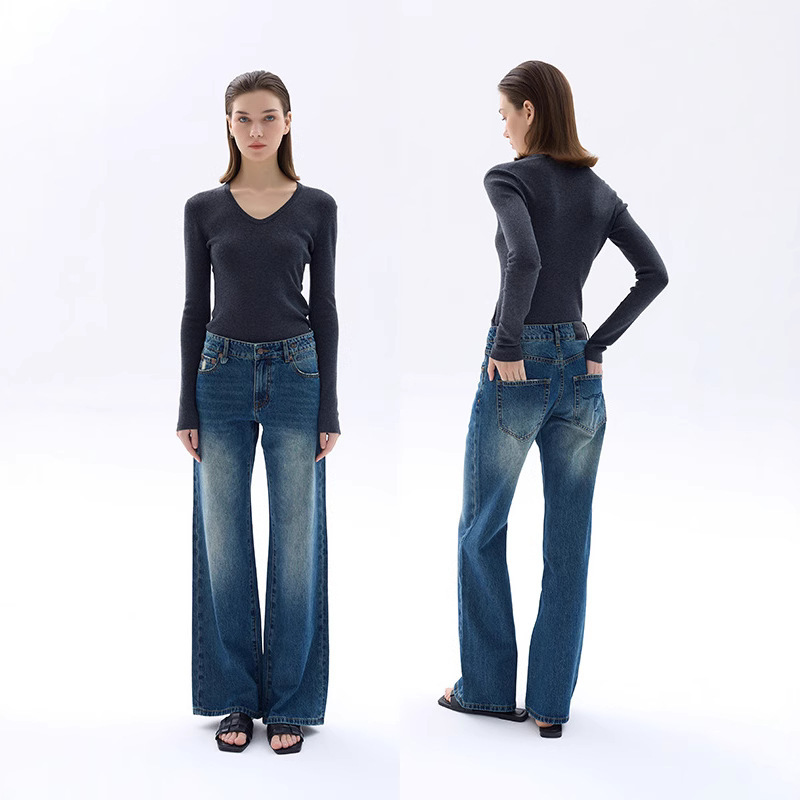 Factory 25 Spring RI3 dark blue Low Waist Cotton Full Length Loose Mop Pants Wide Leg Straight Jeans Women