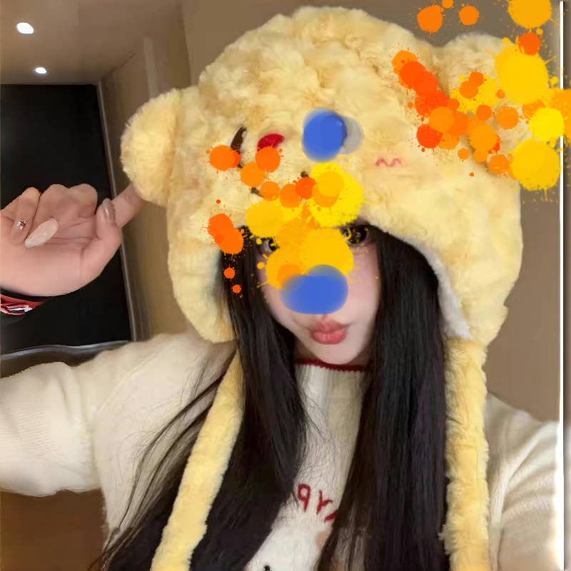 Kreskówka Słodki Miś Masło Pluszowy Wełniany Rękaw Dzianinowy Zintegrowany Ciepły Zimnoodporny Gruby Jesień i Zima Lei Feng Czapka_voghion.com