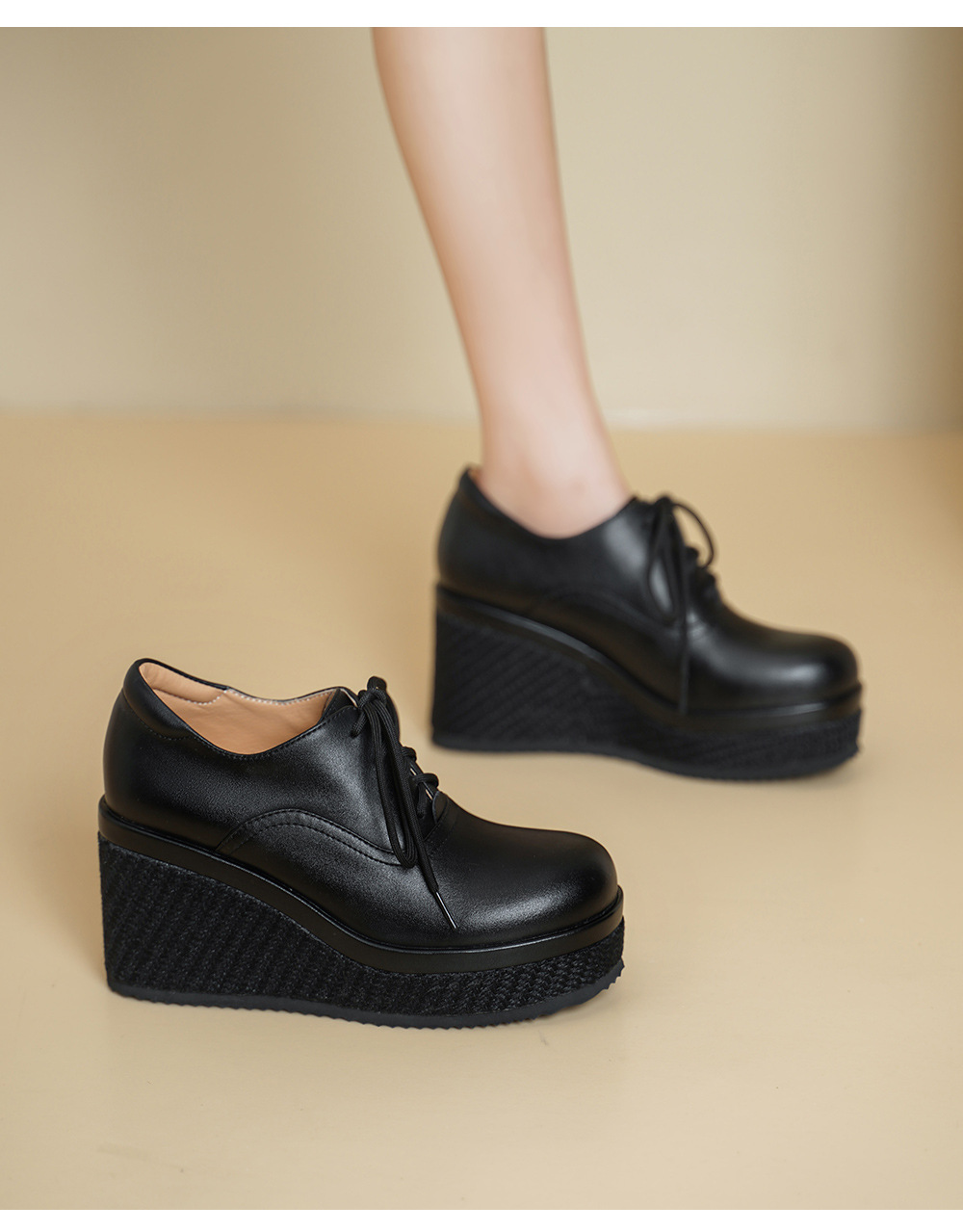 Giày loafer nữ đế xuồng platform da thật buộc dây, gót cao 9 cm — màu đen, màu trắng ngà chi tiết 9