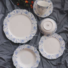 3N西式荷口花边盘蓝花小清新家用陶瓷餐具釉中彩菜盘汤盘碗茶杯碟