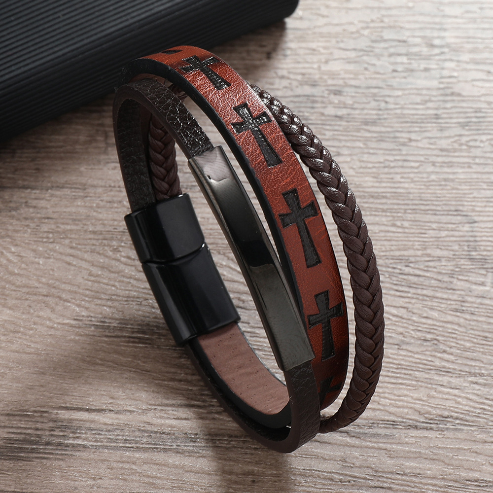 New Cross-Border Jewelry Printed Cross Men's Leather Woven Magnetic Clasp Bracelet European And American Versatile_voghion.com