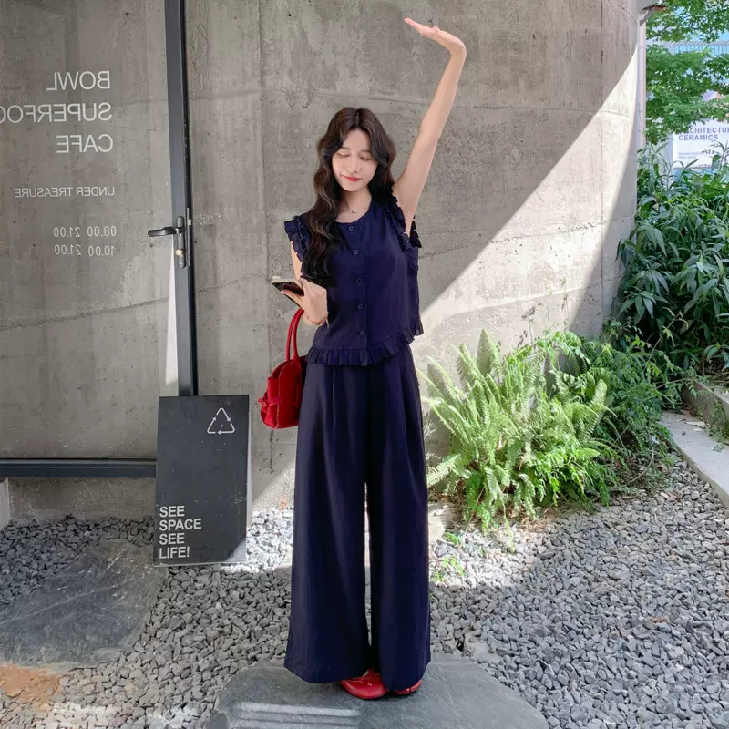 设计感木耳边无袖马甲阔腿裤两件套2025夏季新款套装女装小个子