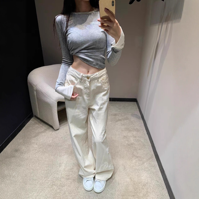高品质~25新款口袋直筒常规款牛仔裤高腰显瘦女宽松阔腿拖地长裤|undefined