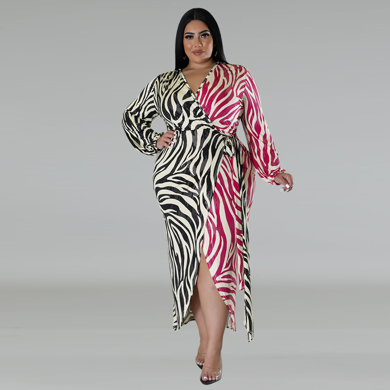 Women's Clothing Plus Size Women's Sexy Night Dress Printed Two Tone Patchwork Tie Waist Irregular Fit For Formal & Casual For Women_voghion.com