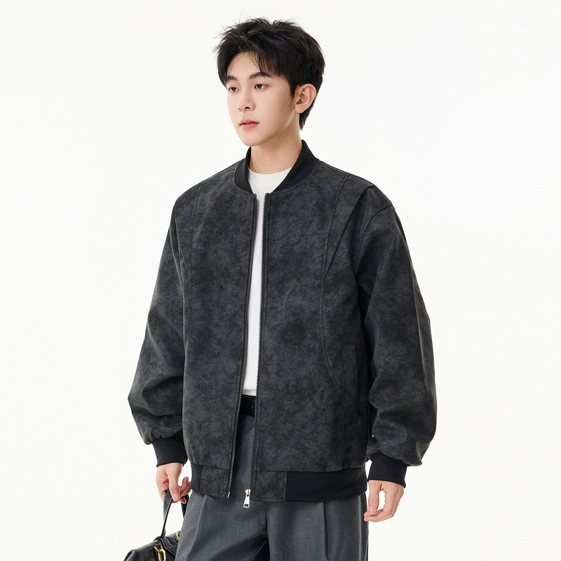 Popular Retro Baseball Jacket Pilot Coat for Men, Spring and Autumn, Structured Design, Suede Leather Motorcycle Jacket, Trendy