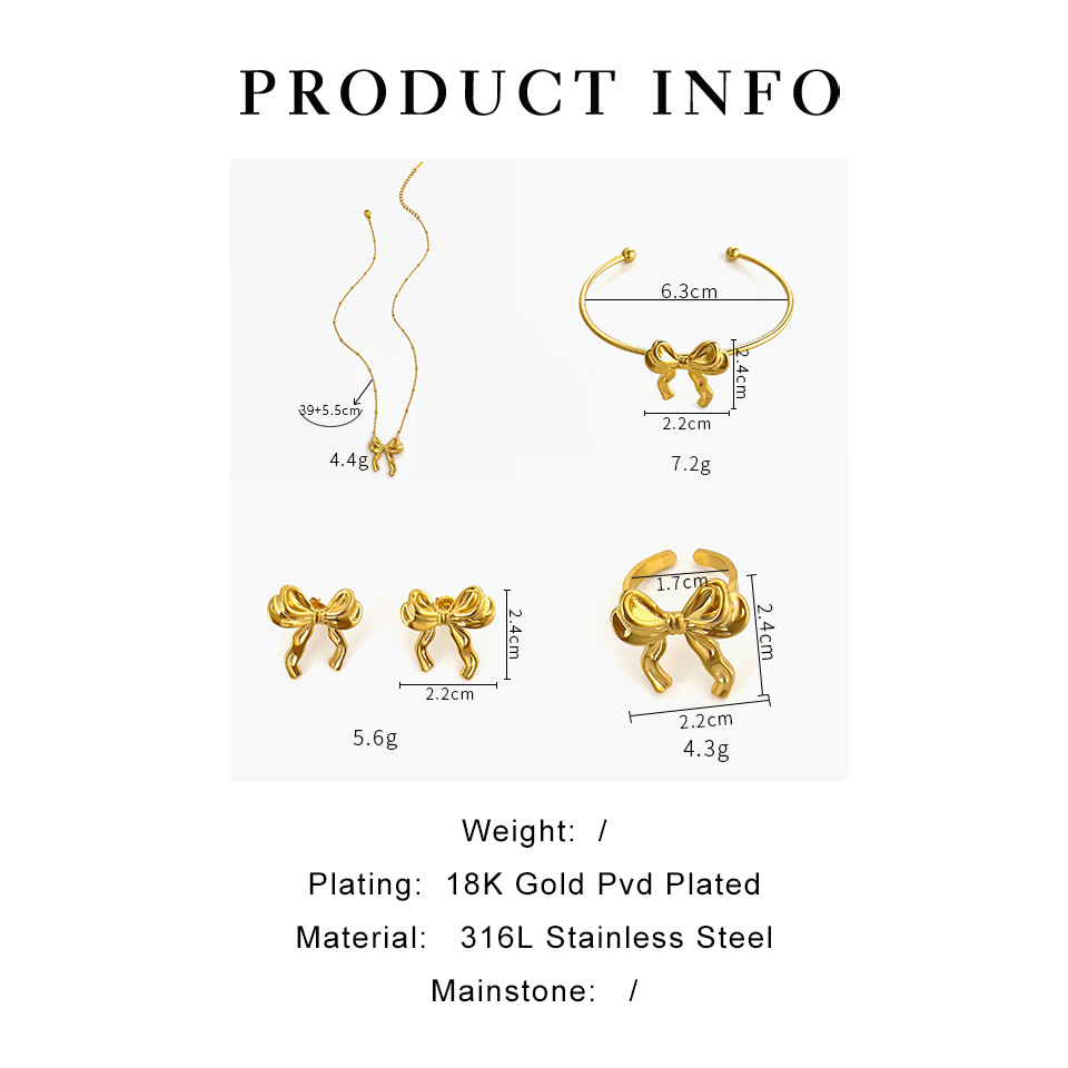 7g Weight 0.03µm-0.05µm Gold Plating Thickness PVD Coated Gold Plating Process Real Gold Plated Plating Material Jewelry Set Classification 1 Piece, 1 Pair Quantity Date, Tea Party Occasion 304 Stainless Steel Material Bow Knot Pattern Unisex Gender Vintage Style, Simple Style Style Waterproof Non Tarnish, Surgical Steel, Plating, Bowknot Craft PVD Coated Real Gold Plated Bow Knot 304 Stainless Steel Vintage Style Simple Style Waterproof Non Tarnish Surgical Steel Plating Jewelry Set 无