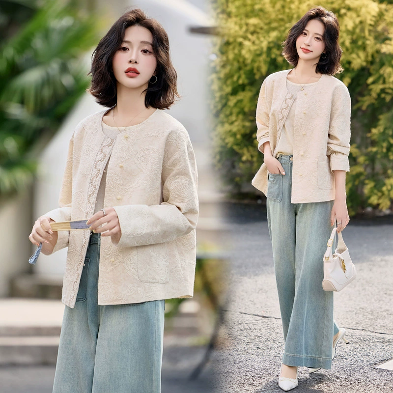 Вышитая хлопчатобумажная короткая куртка женская весна и осень 2025 новая свободная повседневная новая китайская мода ветровка тяжелая промышленность