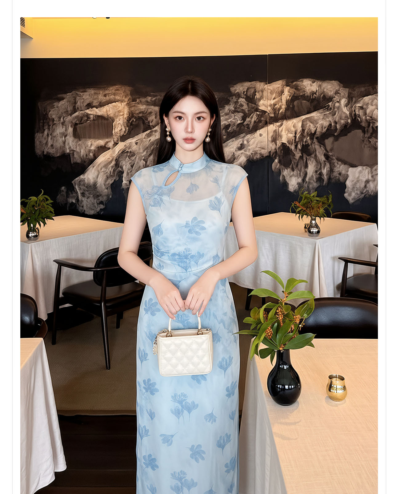 Đầm maxi nữ thắt eo phong cách tân cổ điển, chất liệu nhung tăm, thiết kế cổ yếm kết hợp ren, tay lỡ, dáng suông nhẹ, phù hợp mùa xuân hè — xanh lam chi tiết 6