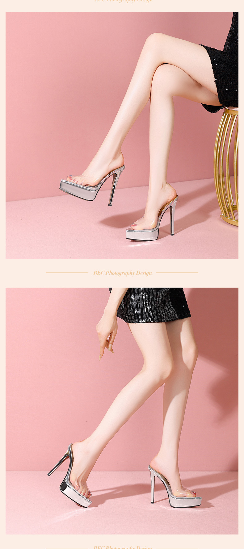 Sandal cao gót nữ mũi nhọn hở ngón, gót 14 cm, đế platform trong suốt — Vàng 14cm chi tiết 8