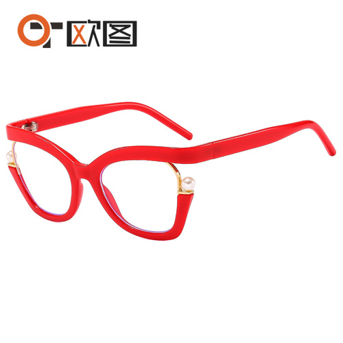 4109 Rainbow-colored dazzling flat mirrors for women, European and American ins style pearl-decorated cat-eye glasses frames