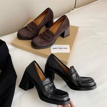 羊皮版～新款法式复古圆头粗跟乐福鞋女英伦风一脚蹬小皮鞋女单鞋