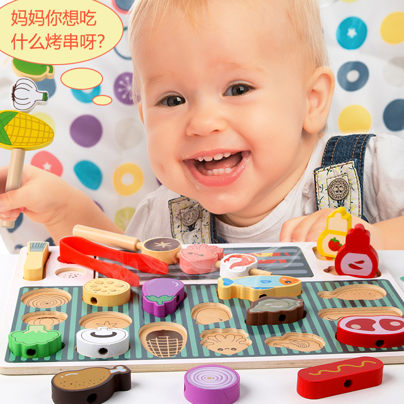 Parrilla de barbacoa de simulación de madera para niños, juego de pinchos de cocina de juguete, pinchos para niños y niñas, bloques de construcción de juegos