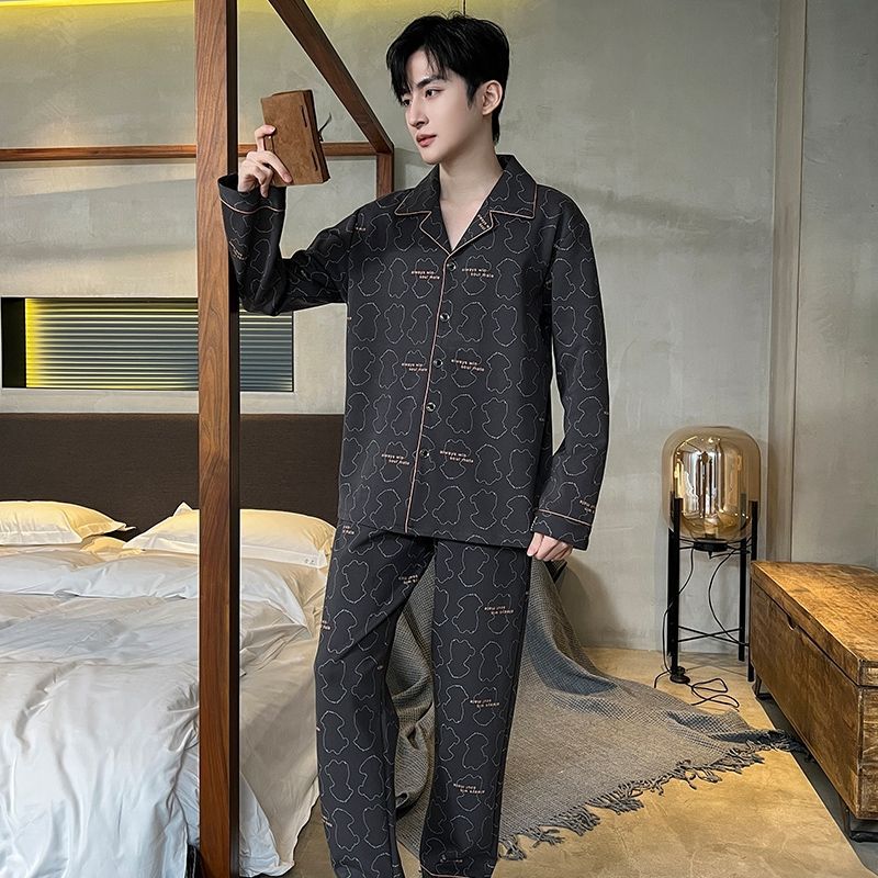 2025 pijama de primavera hombre juvenil de mediana edad, set de algodón de manga larga cardigan de manga larga ropa casera mayorista