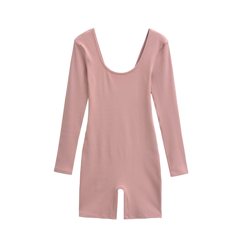 Sexy Low Neckline Backless Long Sleeve Jumpsuit Women's Autumn New Slim Solid Color Bottoming Jumpsuit Shorts Solid Color T-Shirt