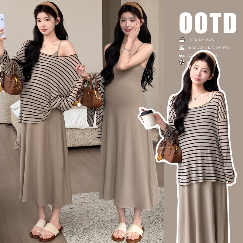 Maternity Dress Set Summer Trendy Mom Style New Korean Version Lazy Style Striped Sun-Protective Top Halter Dress Two-Piece Set