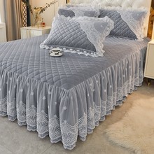 水晶绒加厚床裙单件韩版蕾丝床罩夹棉防滑床套保护套床围冬季跨境