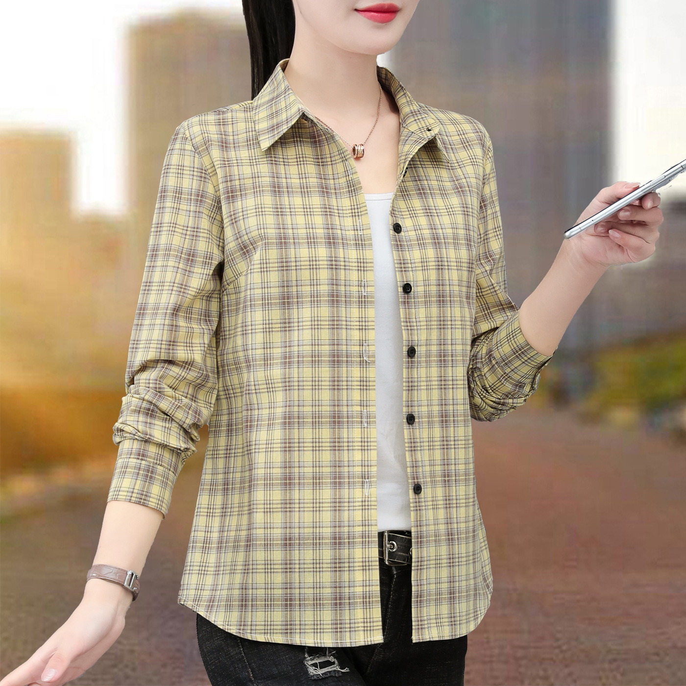 Pure Cotton Plaid Shirt Jacket for Women, Spring and Autumn 2026 New Stylish and Age-Reducing Mom Shirt, Casual Long-Sleeve Top
