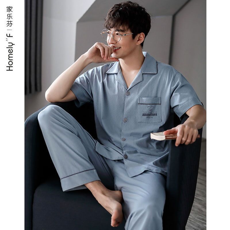 Pajamas Men's Summer 100 Cotton Short-sleeved Trousers Home Clothes Men's Summer Thin Cotton Suit