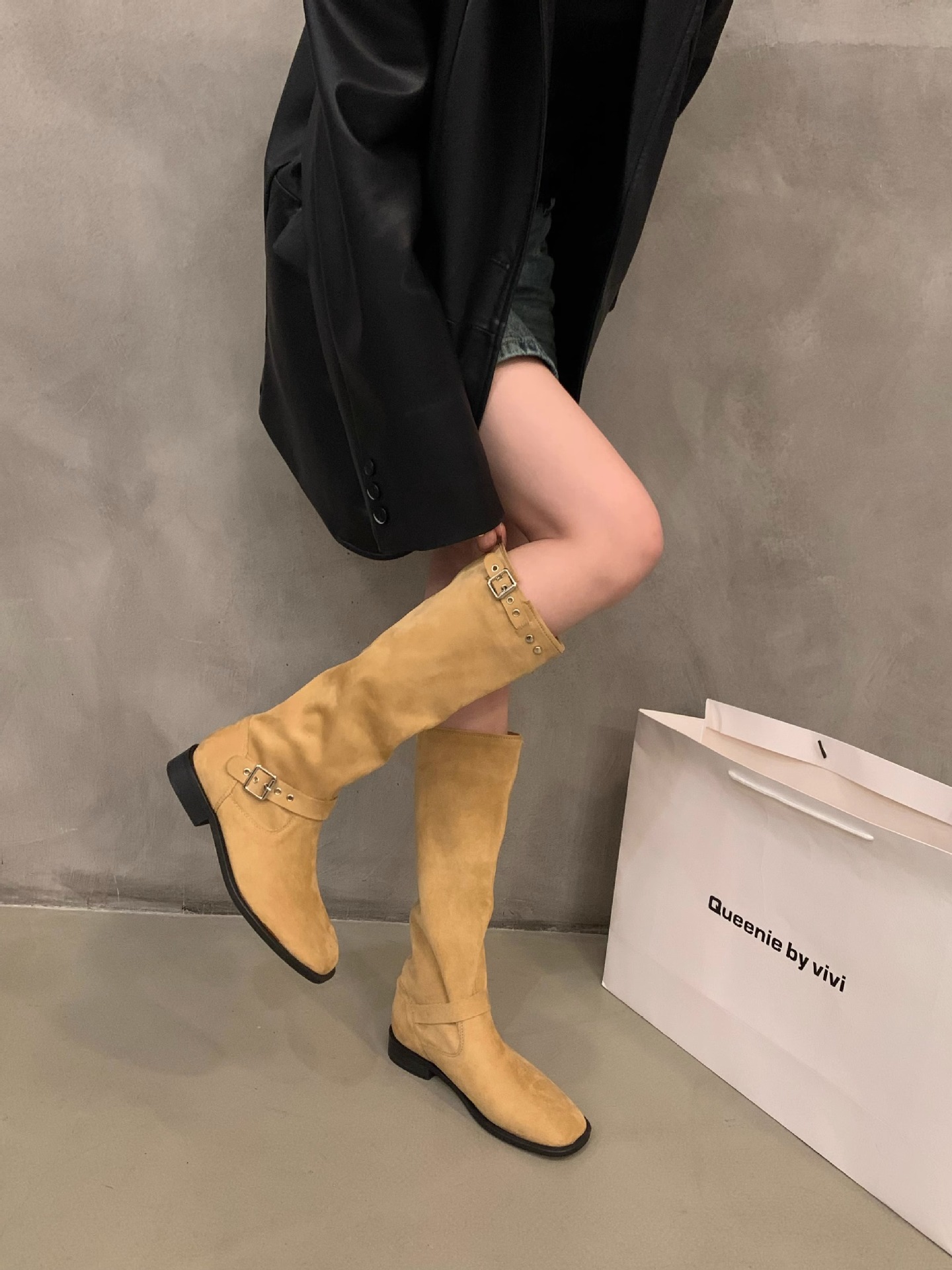 Dicker Absatz Khaki Mid Knight Damen Frühling und Herbst 2023 Neue Sommer-Wildleder-Langarmstiefel_voghion.com