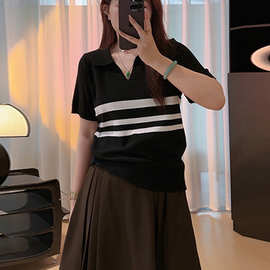 夏季胖mm显瘦宽松遮肉条纹百搭上衣大码甜美减龄v领正肩短袖T恤女