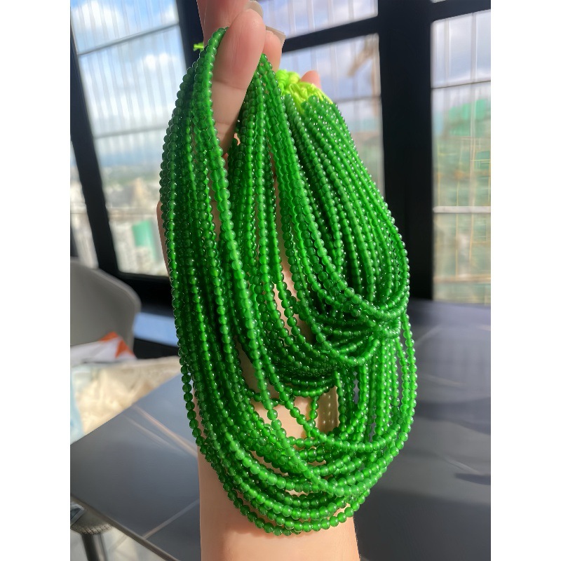 翡翠小米珠项链危地马拉翡翠处理珠链冰种翡翠阳绿帝王绿满绿珠串