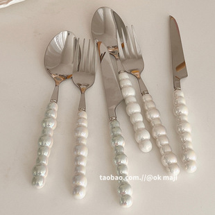OK maji South Korea ins ceramic pearl handle stainless steel cutlery tableware household steak pasta dessert spoon