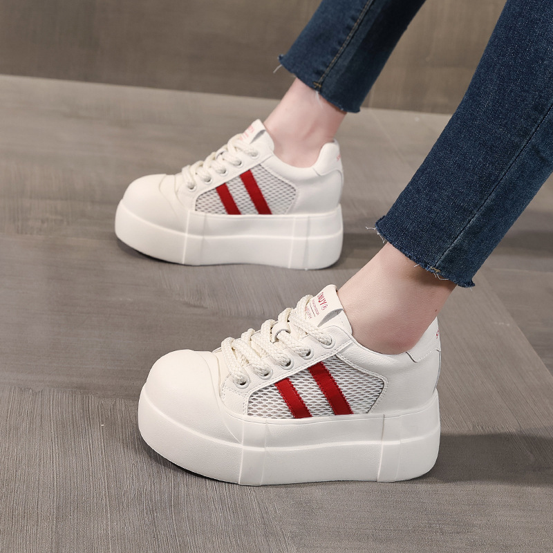 Giày sneaker nữ đế dày tăng chiều cao phong cách trắng basic — Trắng Đỏ