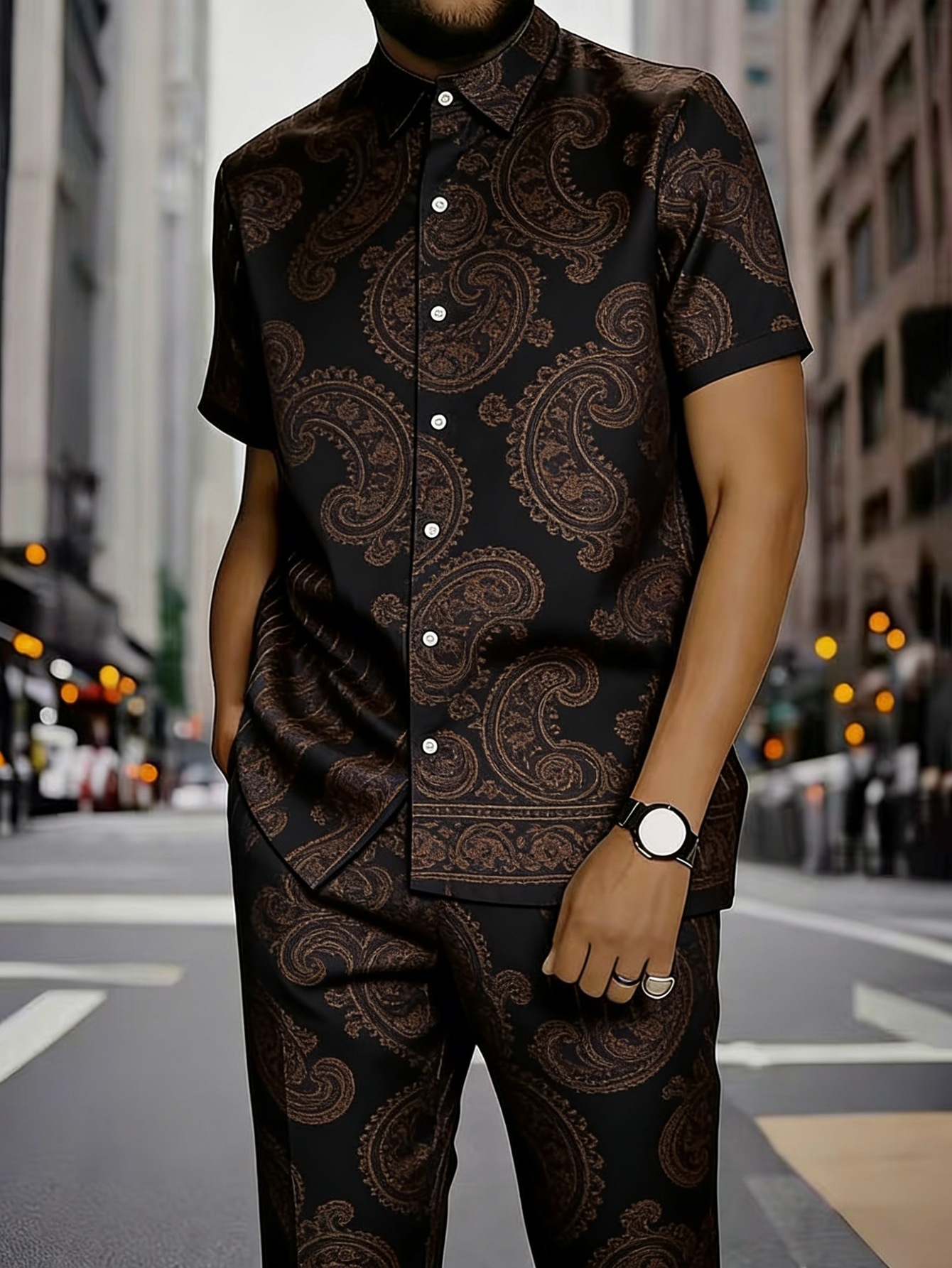 Men's Clothing Men's Commuter Style Short Sleeve Shirt And Shorts Set Collared Geometric Print Spring Summer_viptrois.com