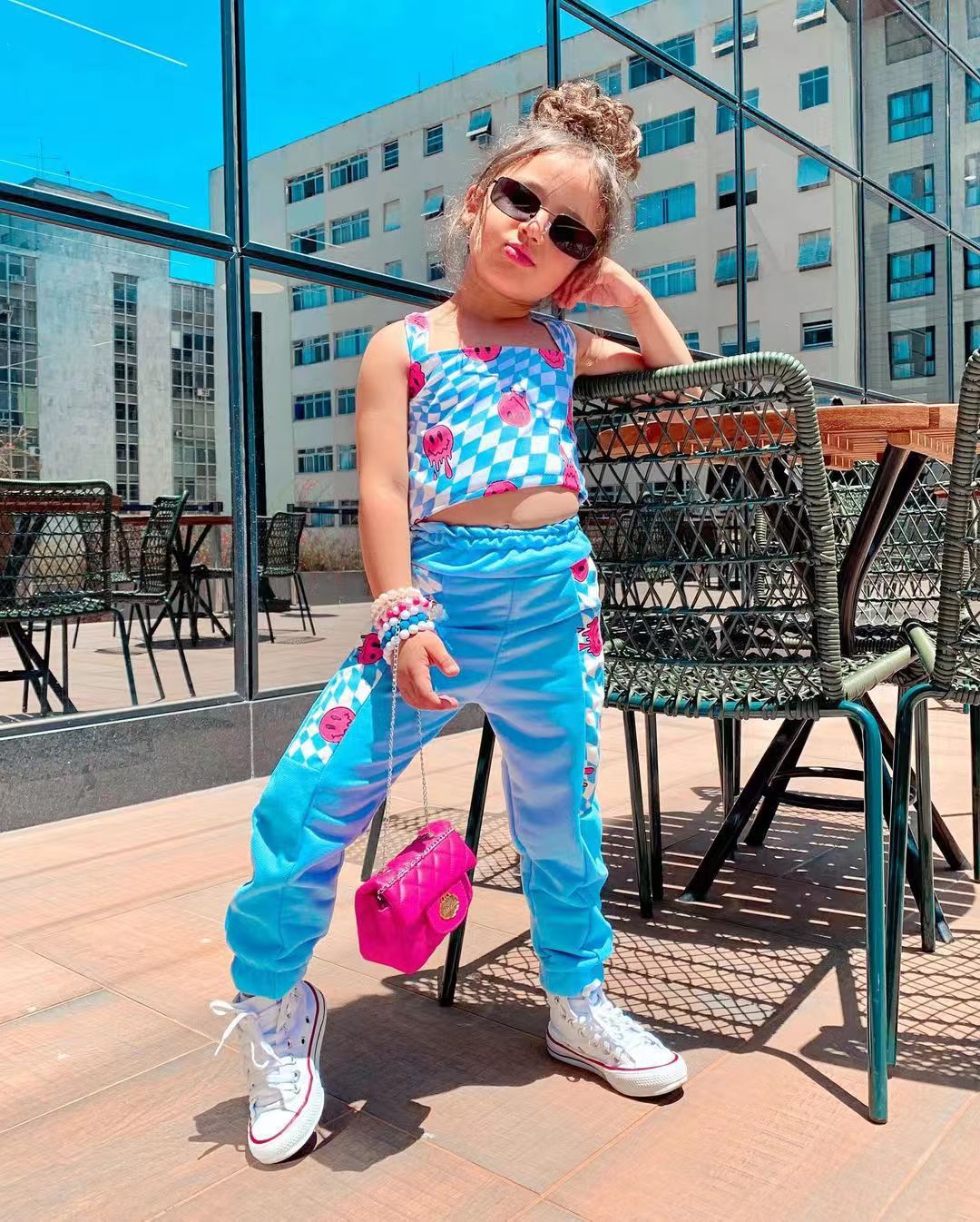 M8040 cross-border foreign trade children's clothing 2023 girls sexy vest printed suspenders color matching pants pants suit ins