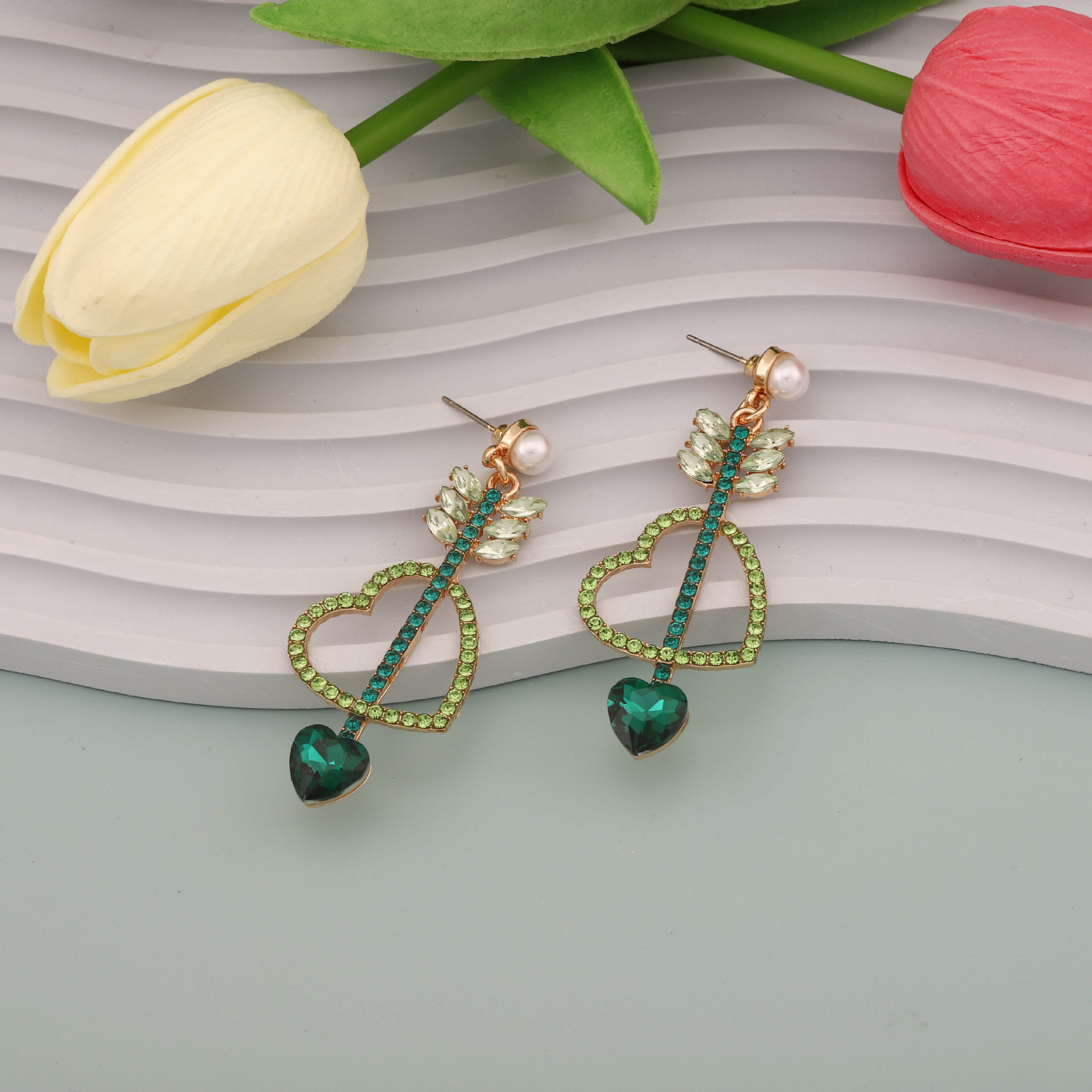 Heart Shape Pattern 1 Pair Lady Heart Shape Inlay Imitation Pearl Zinc Alloy Artificial Rhinestones Drop Earrings