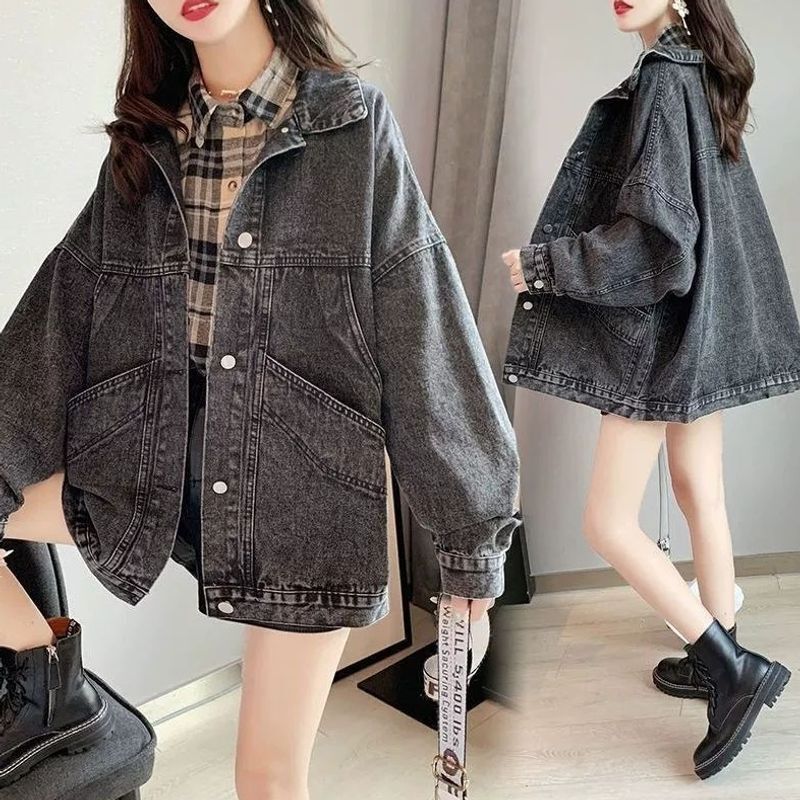 Smoke gray denim jacket for female students, Korean style, loose fit, plus size women's jacket, popular high-end denim top