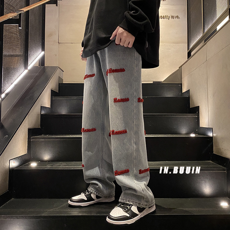 Blugi de stradă înaltă cu design hiphop pentru bărbați, toamnă și iarnă, lejeri, drepți, cu prosop de mop, brodați, pantaloni largi, rezistenți_voghion.com