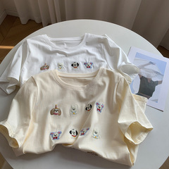 2025夏系レトロ刺繍子犬純綿半袖tシャツ女性夏独特でゆったりとした着痩せ上着