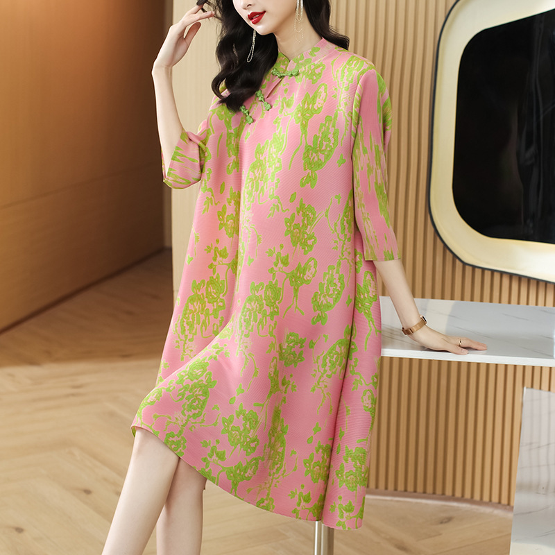 Miyake Pleated Dress New Large Size Women's Dress Chubby Girl Belly Covering Slimming Western Style Vintage Improved Cheongsam